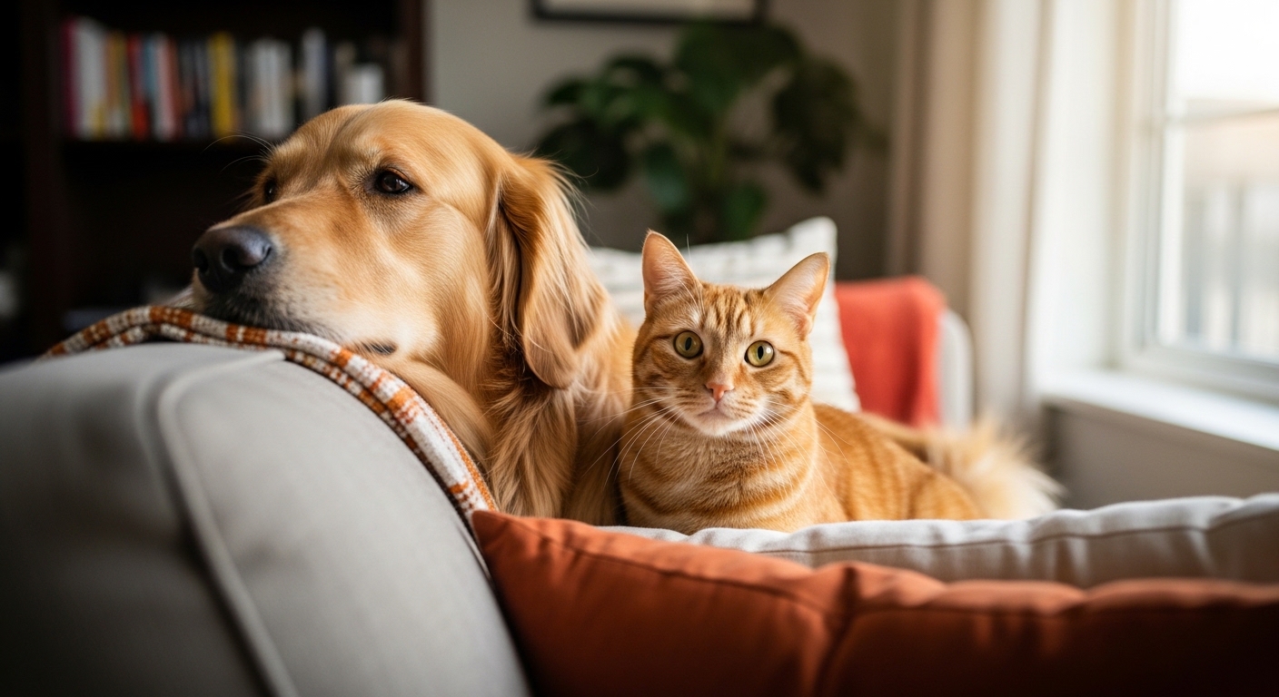 Happy dog and cat relaxing together